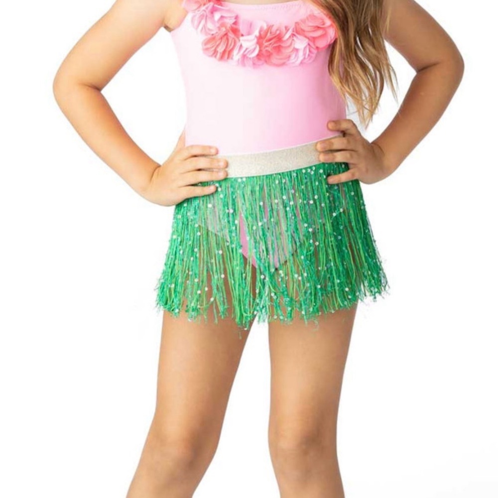 Pink Floral Swimsuit with Green Grass Skirt